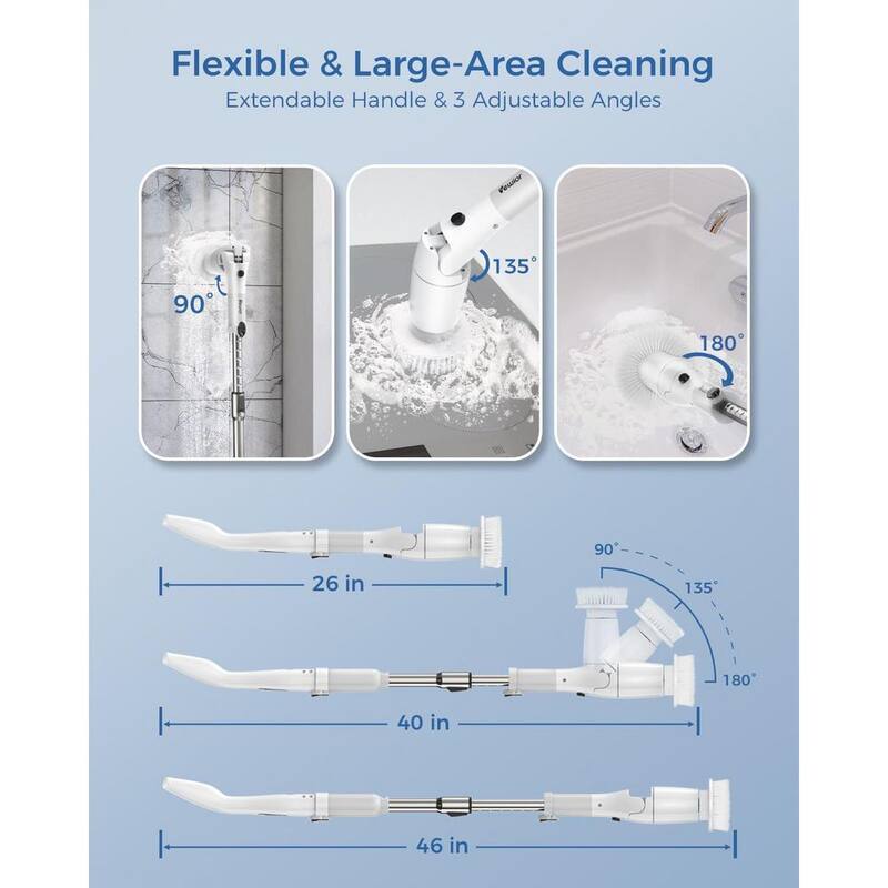 ITOPFOX 2 Speeds 3 Angle Cordless Electric Spin Power Shower Scrubber with Display, 5 Replaceable Brush Heads, Extension Handle - H2SA17-1OT002