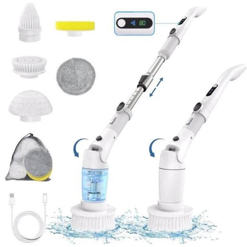 ITOPFOX 2 Speeds 3 Angle Cordless Electric Spin Power Shower Scrubber with Display, 5 Replaceable Brush Heads, Extension Handle - H2SA17-1OT002
