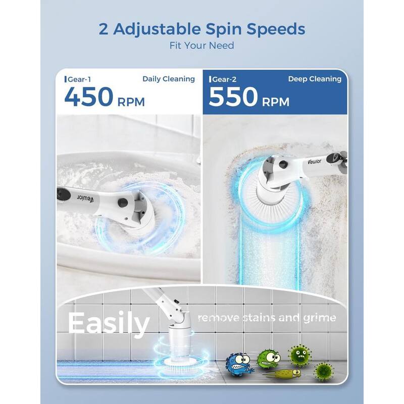 ITOPFOX 2 Speeds 3 Angle Cordless Electric Spin Power Shower Scrubber with Display, 5 Replaceable Brush Heads, Extension Handle - H2SA17-1OT002