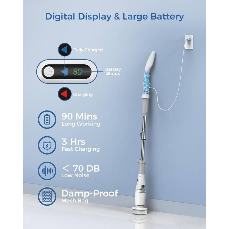 ITOPFOX 2 Speeds 3 Angle Cordless Electric Spin Power Shower Scrubber with Display, 5 Replaceable Brush Heads, Extension Handle - H2SA17-1OT002