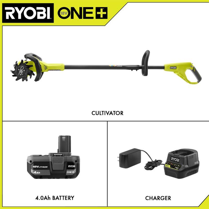 RYOBI ONE+ 18V 8 in. Cordless Cultivator with 4.0 Ah Battery and Charger - P2750