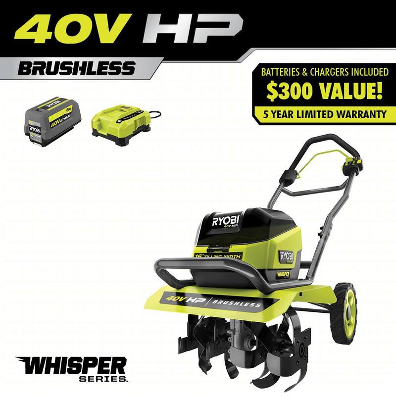 RYOBI 40V HP Brushless 16 in. Front Tine Tiller with Adjustable Tilling Width with 6.0 Ah Battery and Quick Charger - RY40730