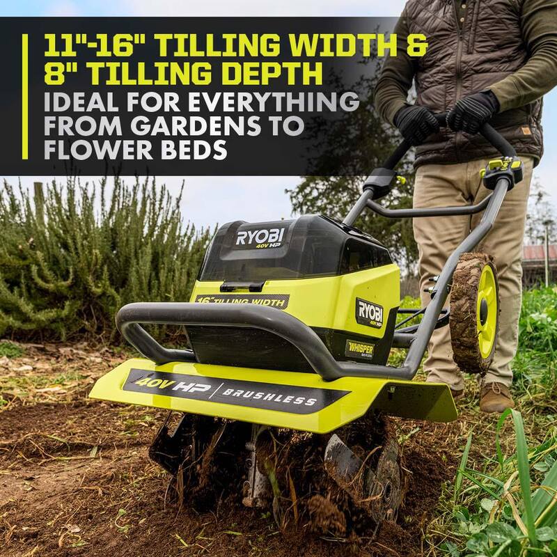 RYOBI 40V HP Brushless 16 in. Front Tine Tiller with Adjustable Tilling Width with 6.0 Ah Battery and Quick Charger - RY40730