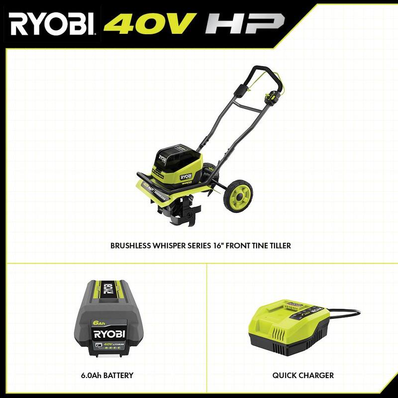 RYOBI 40V HP Brushless 16 in. Front Tine Tiller with Adjustable Tilling Width with 6.0 Ah Battery and Quick Charger - RY40730