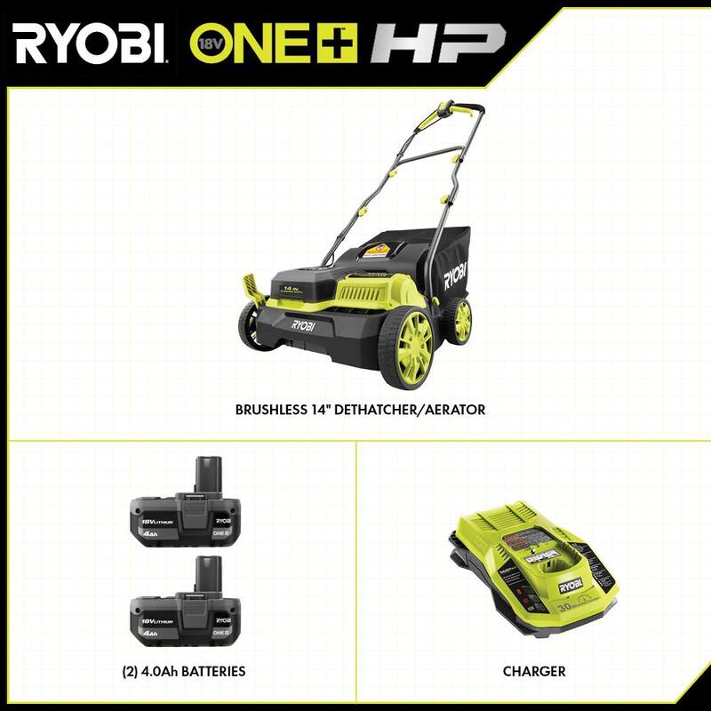 RYOBI ONE+ HP 18V Brushless 14 in. Cordless Battery Dethatcher/Aerator with (2) 4.0 Ah Batteries and Charger - P2740
