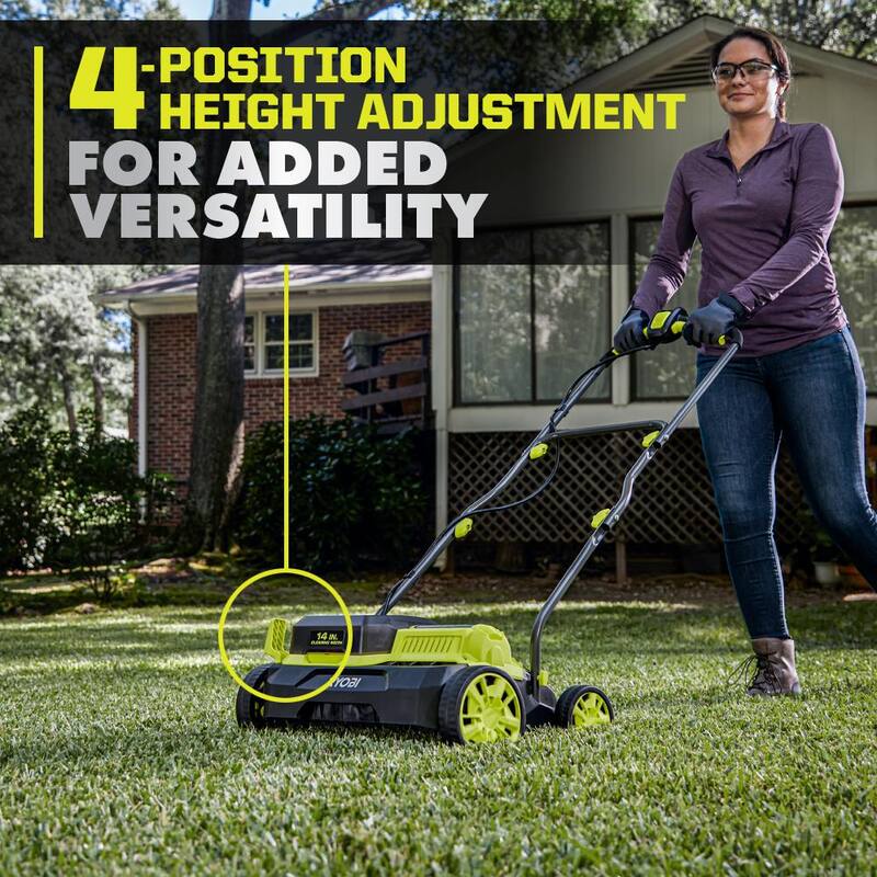 RYOBI ONE+ HP 18V Brushless 14 in. Cordless Battery Dethatcher/Aerator with (2) 4.0 Ah Batteries and Charger - P2740
