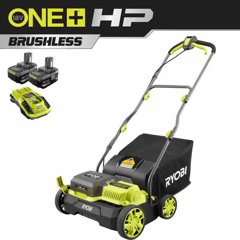 RYOBI ONE+ HP 18V Brushless 14 in. Cordless Battery Dethatcher/Aerator with (2) 4.0 Ah Batteries and Charger - P2740