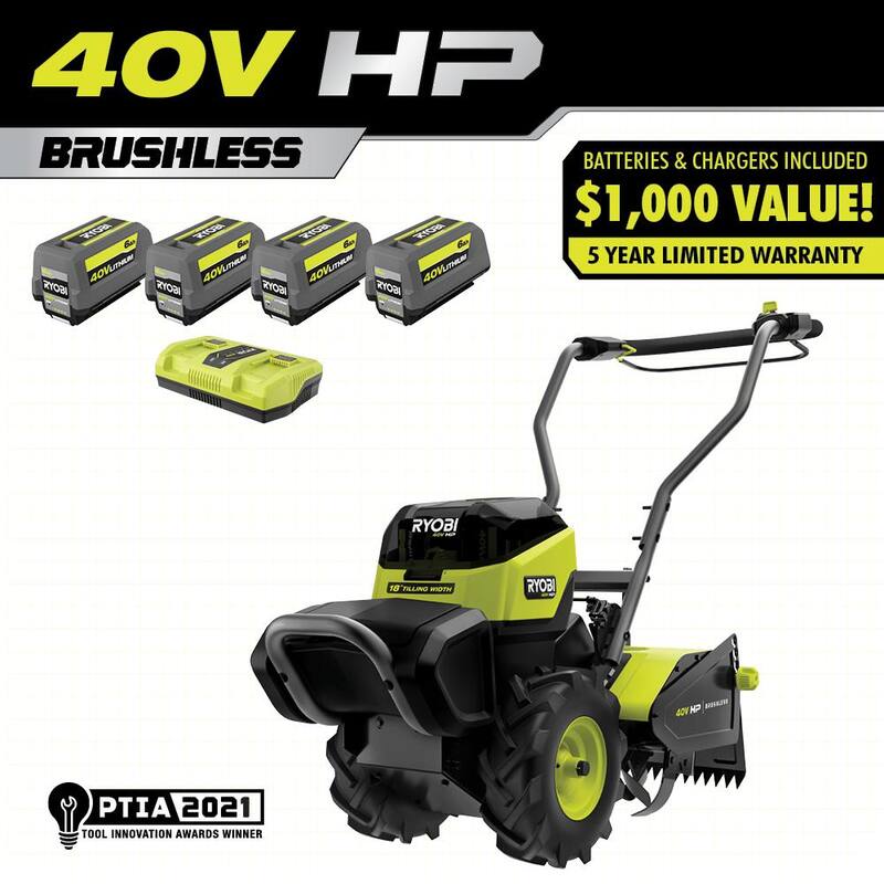 RYOBI 40V HP Brushless 18 in. Battery Powered Rear Tine Tiller with (4) 6.0 Ah Batteries and Charger - RY40720
