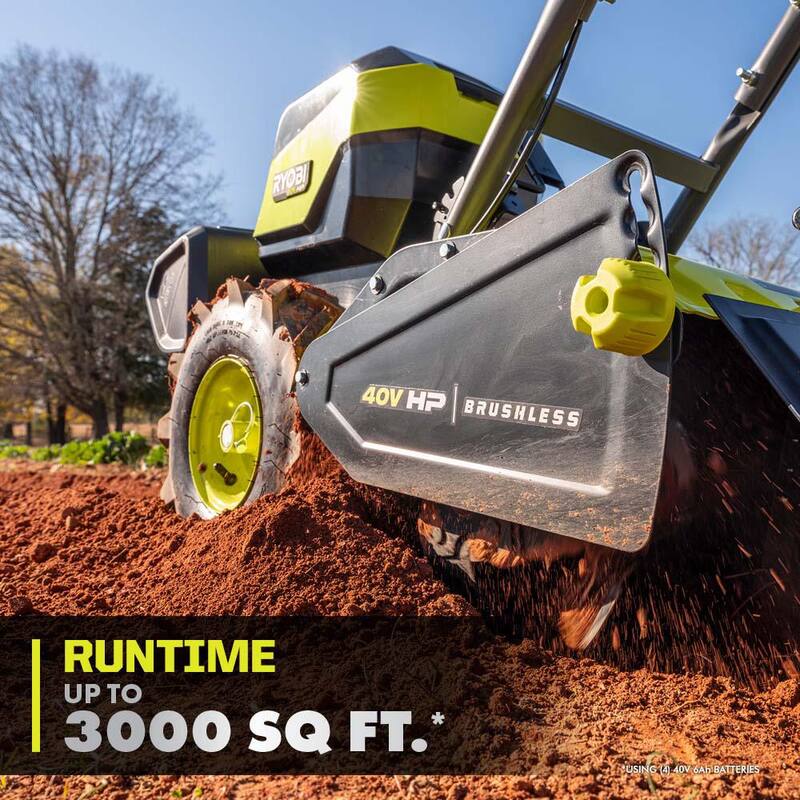 RYOBI 40V HP Brushless 18 in. Battery Powered Rear Tine Tiller with (4) 6.0 Ah Batteries and Charger - RY40720