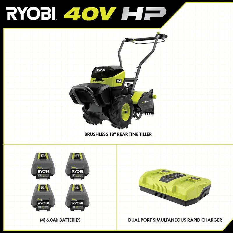 RYOBI 40V HP Brushless 18 in. Battery Powered Rear Tine Tiller with (4) 6.0 Ah Batteries and Charger - RY40720