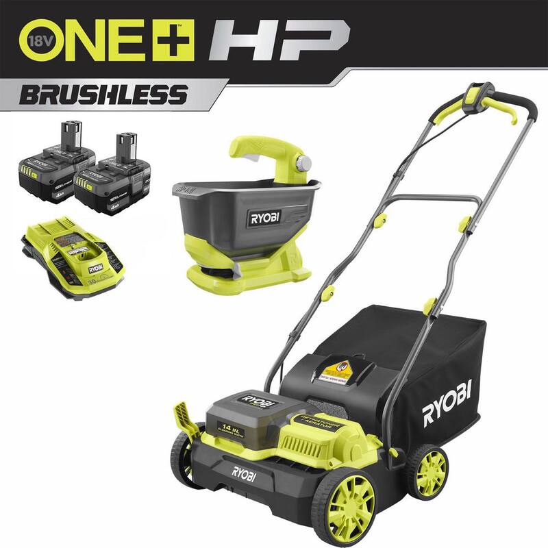 RYOBI ONE+ HP 18-Volt Brushless 14 in. Cordless Battery Cultivator, Seed Spreader, Two 4.0 Ah Batteries and Charger - P2740-SS