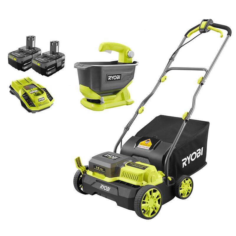 RYOBI ONE+ HP 18-Volt Brushless 14 in. Cordless Battery Cultivator, Seed Spreader, Two 4.0 Ah Batteries and Charger - P2740-SS