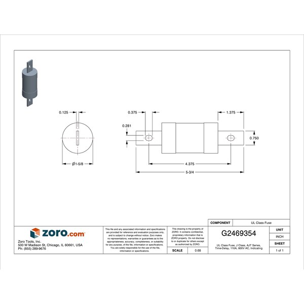 Mersen UL Class Fuse, J Class, AJT Series, Time-Delay, 110A, 600V AC, Indicating - AJT110