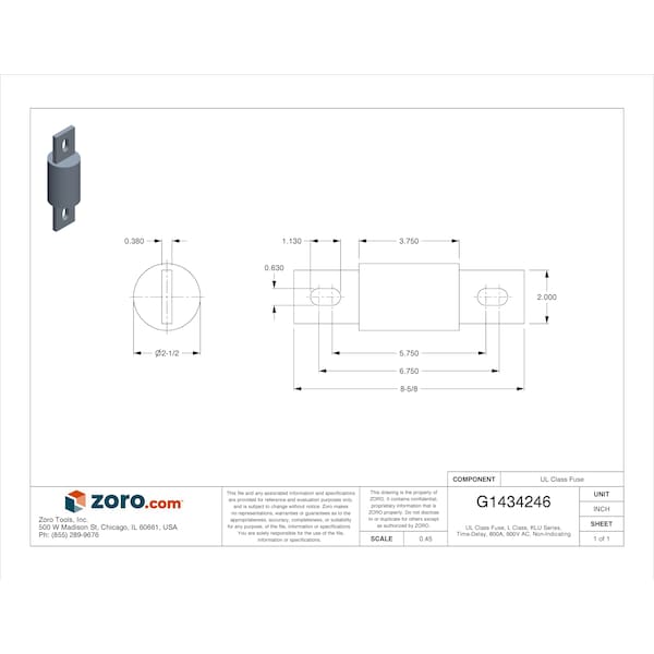 Eaton Bussmann UL Class Fuse, L Class, KLU Series, Time-Delay, 800A, 600V AC, Non-Indicating - KLU-800