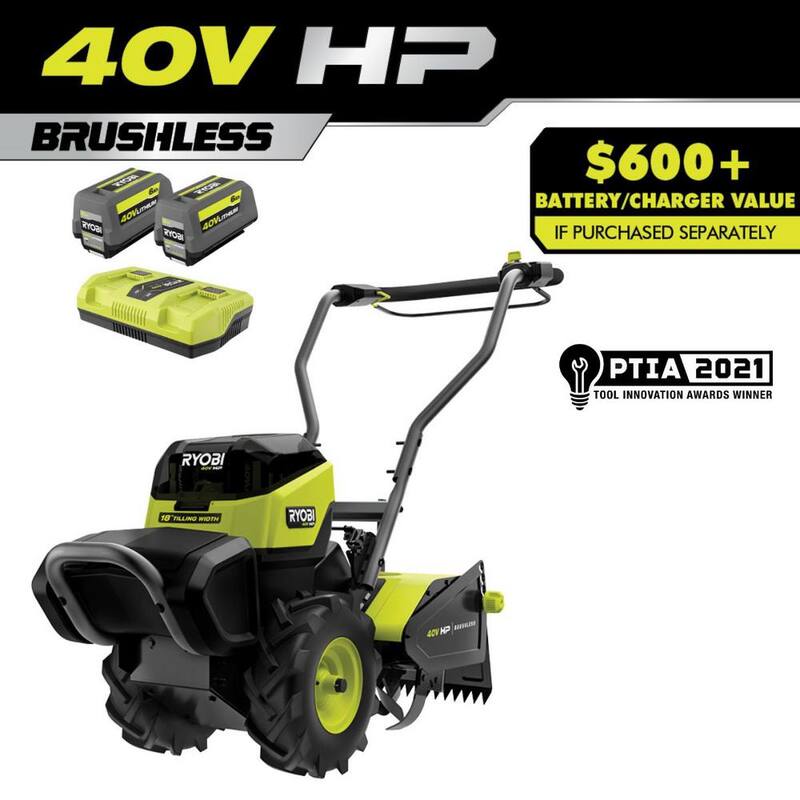 RYOBI 40V HP Brushless 18 in. Battery Powered Rear Tine Tiller with (2) 6.0 Ah Batteries and Charger - RY40702K2