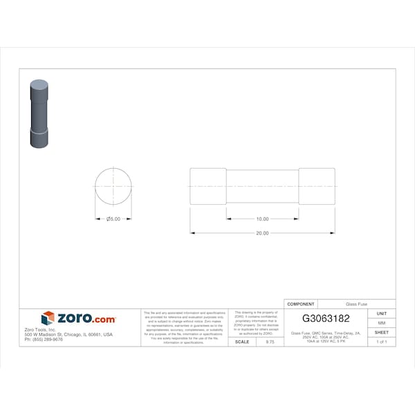 Eaton Bussmann Glass Fuse, GMC Series, Time-Delay, 2A, 250V AC, 100A at 250V AC, 10kA at 125V AC, 5 PK - GMC-2-R