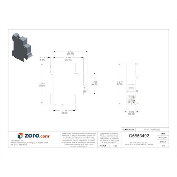Schneider Electric Liberación de disparo en derivación, 100 a 415V CA/110 a 130V CC, 6 A, 0 polos - M9A26946