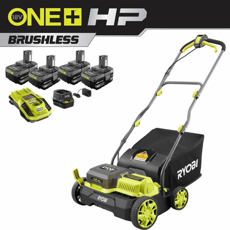 RYOBI ONE+ HP 18V Brushless 14 in. Cordless Battery Dethatcher/Aerator Cultivator with (4) 4.0 Ah Batteries and (2) Charger - P2740-BK