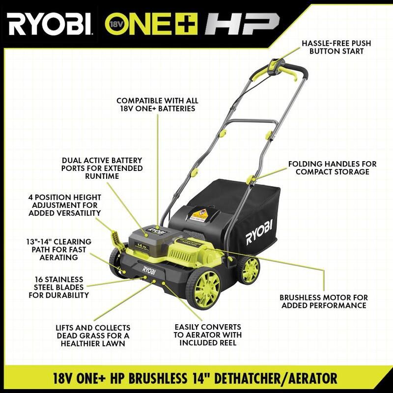 RYOBI ONE+ HP 18V Brushless 14 in. Cordless Battery Dethatcher/Aerator Cultivator with (4) 4.0 Ah Batteries and (2) Charger - P2740-BK