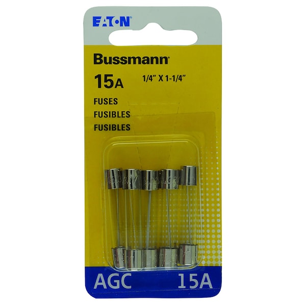 Eaton Bussmann Glass Fuse, AGC Series, Fast-Acting, 15A, 32V AC, 1kA at 32V AC, 5 PK - BP/AGC-15-RP