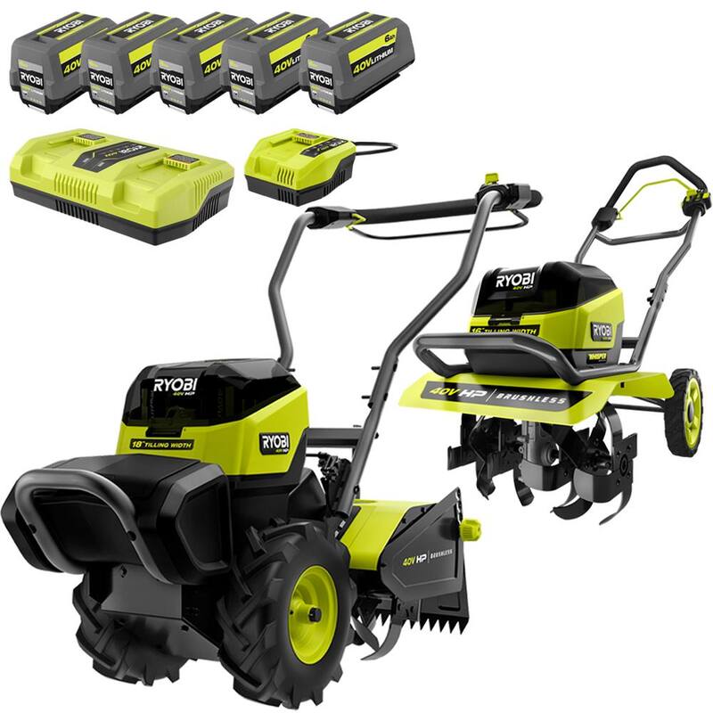 RYOBI 40V HP Brushless 18 in. Battery Powered Rear Tine Tiller and 16 in. Front Tine Tiller with Batteries and Chargers - RY40720-30
