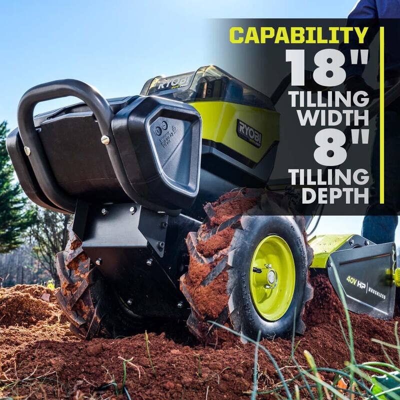 RYOBI 40V HP Brushless 18 in. Battery Powered Rear Tine Tiller and 16 in. Front Tine Tiller with Batteries and Chargers - RY40720-30