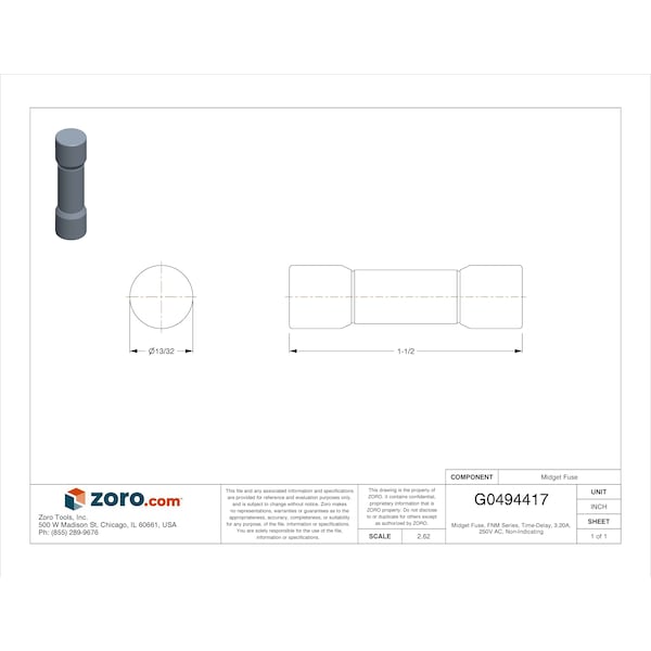 Eaton Bussmann Midget Fuse, FNM Series, Time-Delay, 3.20A, 250V AC, Non-Indicating - FNM-3-2/10