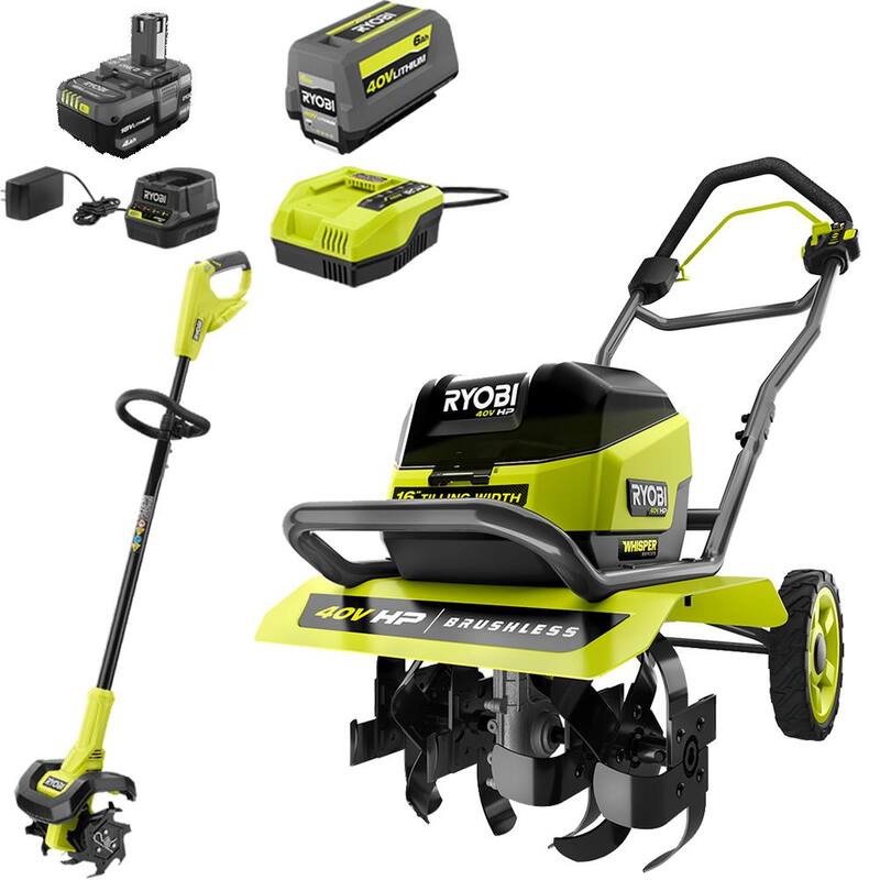 RYOBI 40V HP Brushless 16 in. Front Tine Tiller with Adjustable Tilling Width & 18V Cultivator - Batteries and Chargers - RY40730-C
