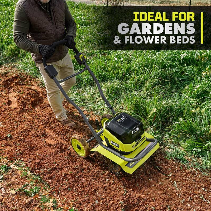 RYOBI 40V HP Brushless 16 in. Front Tine Tiller with Adjustable Tilling Width & 18V Cultivator - Batteries and Chargers - RY40730-C