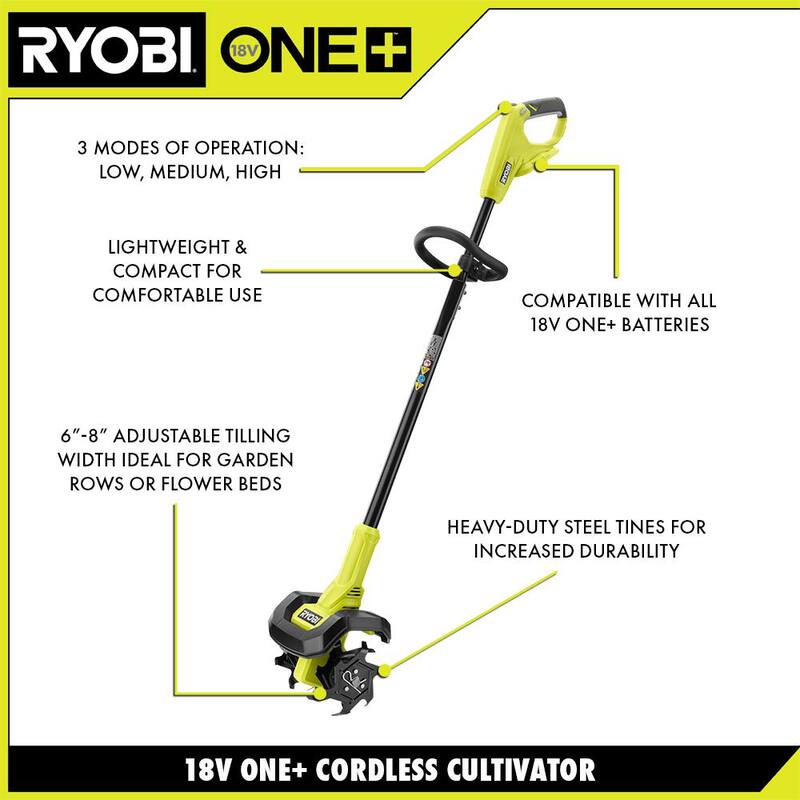 RYOBI 40V HP Brushless 16 in. Front Tine Tiller with Adjustable Tilling Width & 18V Cultivator - Batteries and Chargers - RY40730-C