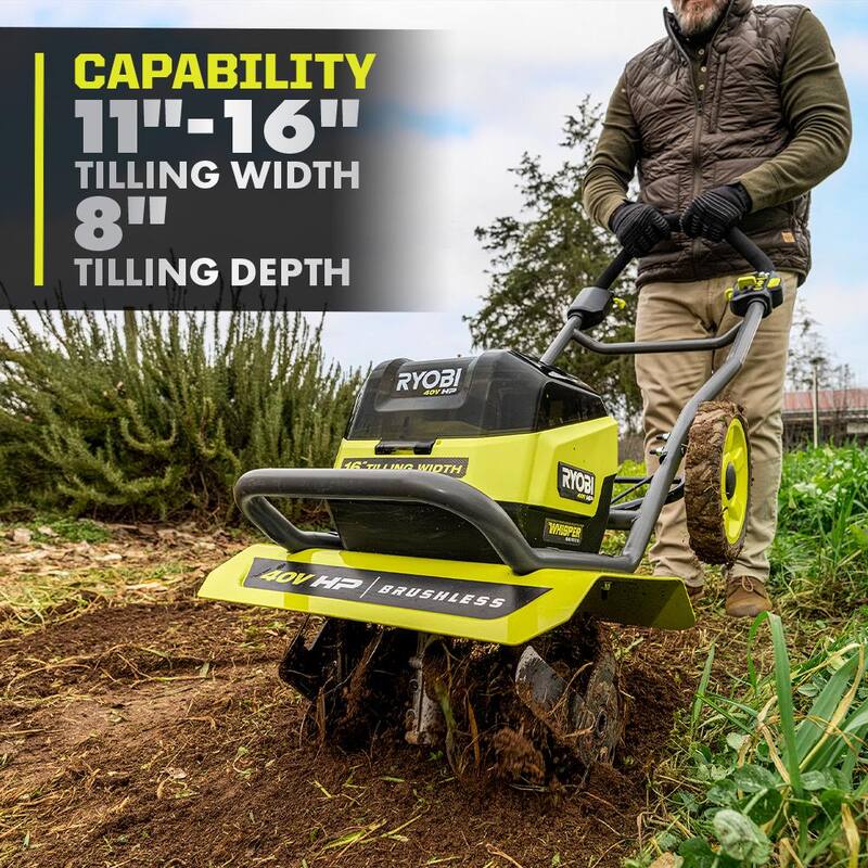 RYOBI 40V HP Brushless 16 in. Front Tine Tiller with Adjustable Tilling Width & 18V Cultivator - Batteries and Chargers - RY40730-C