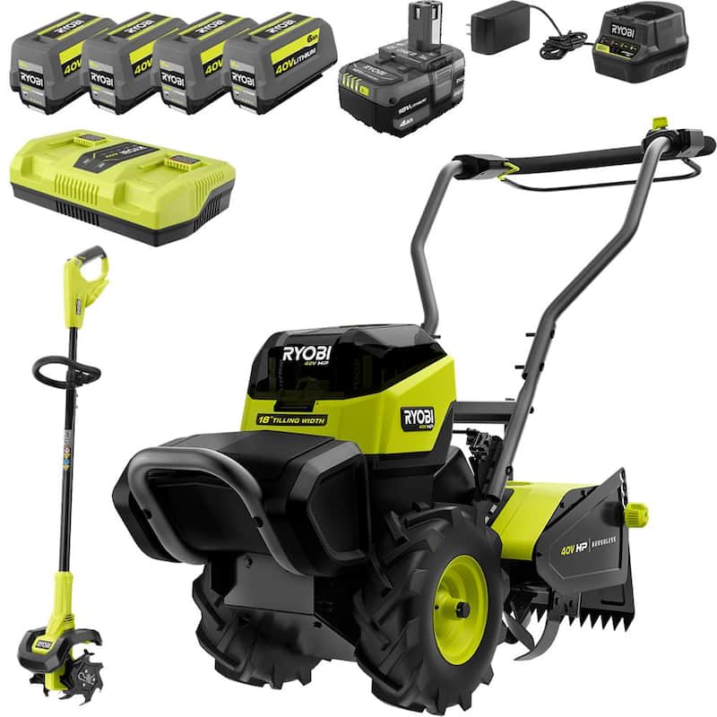 RYOBI 40V HP Brushless 18 in. Battery Powered Rear Tine Tiller & 18V ONE+ 8 in. Cordless Cultivator - 40V & 18V 4 Ah Batteries - RY40720-C