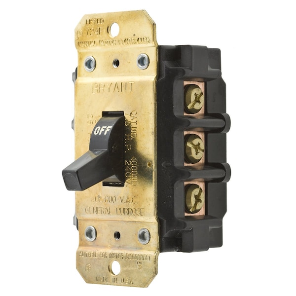 Interruptor de palanca Bryant, desconexiones de motor, tres polos, 40A, 600V CA, solo cableado lateral, negro - 40003D