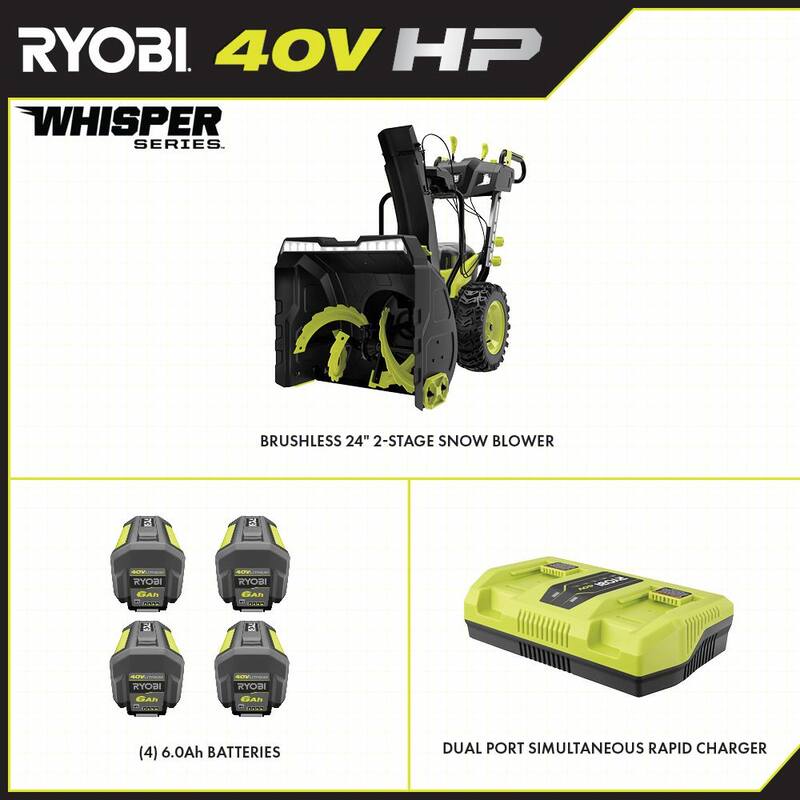 RYOBI 40V HP Brushless Whisper Series 24" 2-Stage Cordless Electric Self-Propelled Snow Blower - (4) 6 Ah Batteries & Charger - RY40870