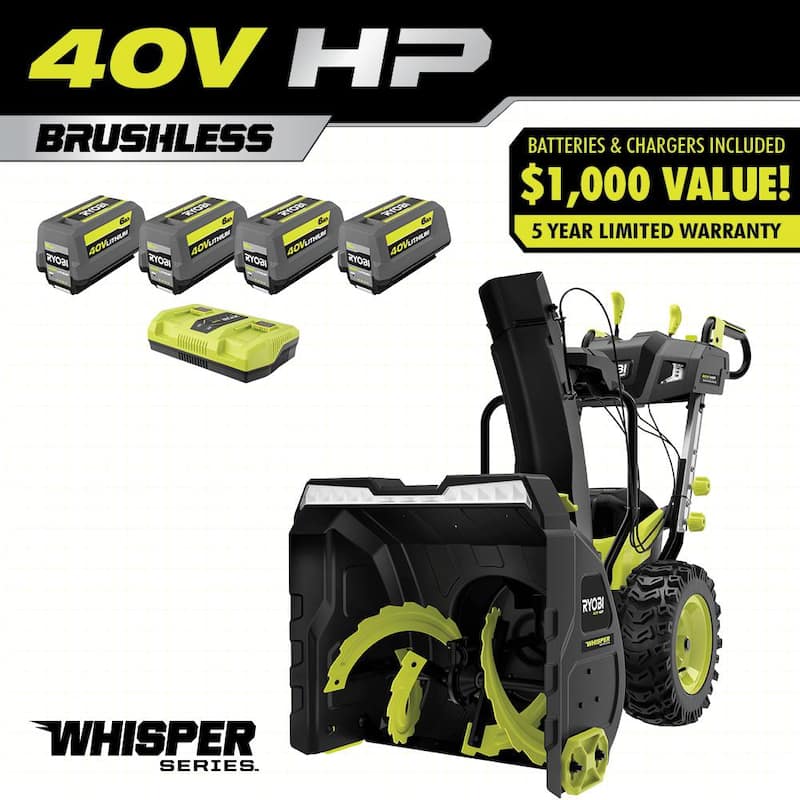 RYOBI 40V HP Brushless Whisper Series 24" 2-Stage Cordless Electric Self-Propelled Snow Blower - (4) 6 Ah Batteries & Charger - RY40870