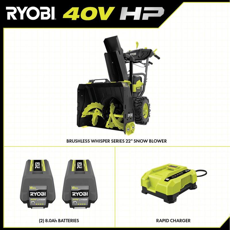 RYOBI 40V HP Brushless Whisper Series 22" 2-Stage Cordless Electric Self-Propelled Snow Blower - (2) 8 Ah Batteries & Charger - RY408150VNM