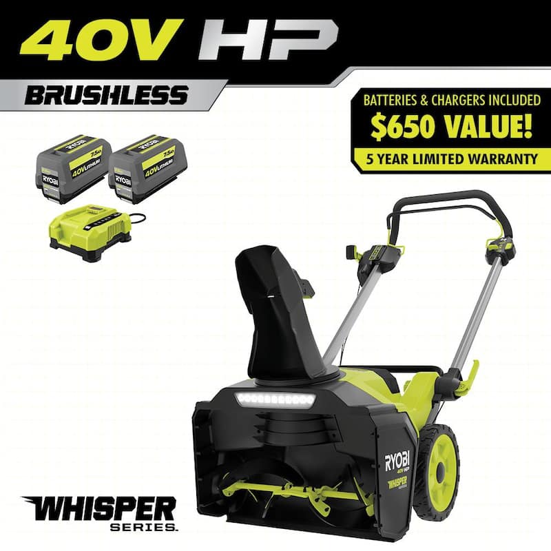 RYOBI 40V HP Brushless Whisper Series 21 in. Single-Stage Cordless Battery Snow Blower with (2) 7.5 Ah Batteries & Charger - RY408101