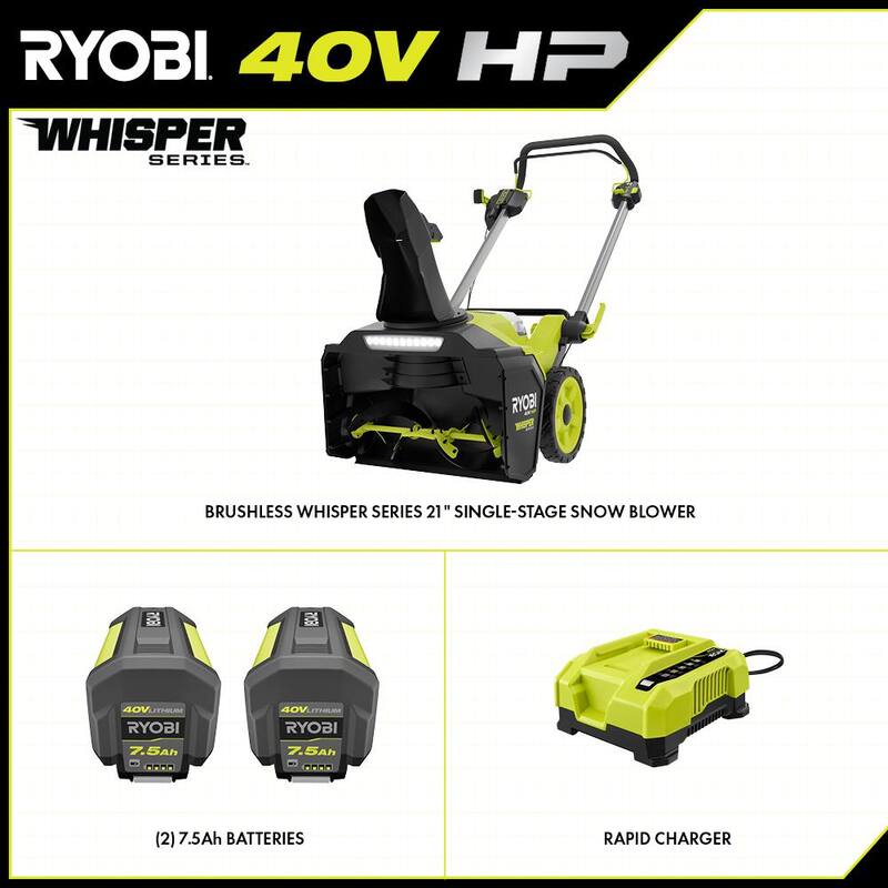 RYOBI 40V HP Brushless Whisper Series 21 in. Single-Stage Cordless Battery Snow Blower with (2) 7.5 Ah Batteries & Charger - RY408101