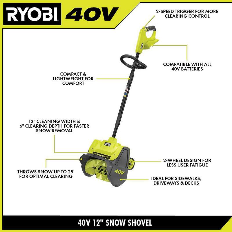RYOBI 40V 12 in. Single-Stage Cordless Electric Snow Shovel with 4.0 Ah Battery and Charger - RY408130