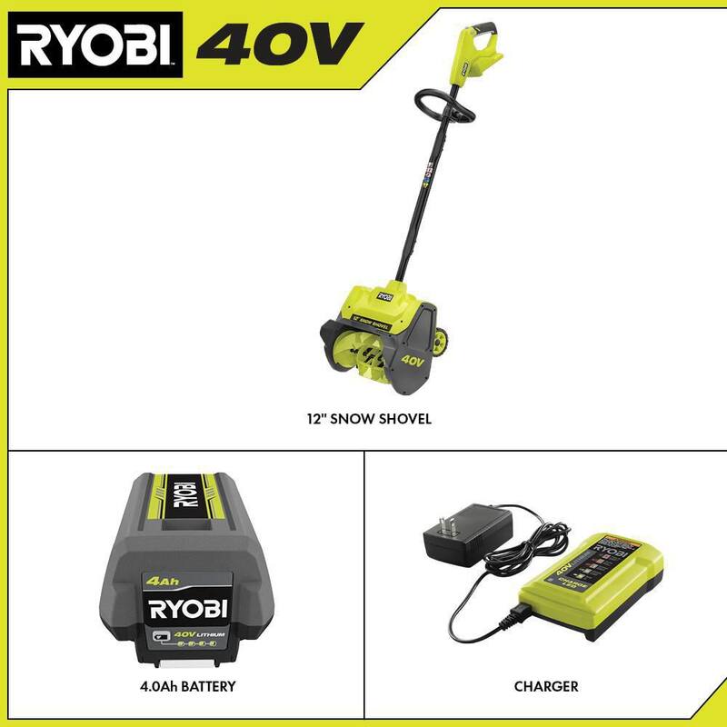RYOBI 40V 12 in. Single-Stage Cordless Electric Snow Shovel with 4.0 Ah Battery and Charger - RY408130