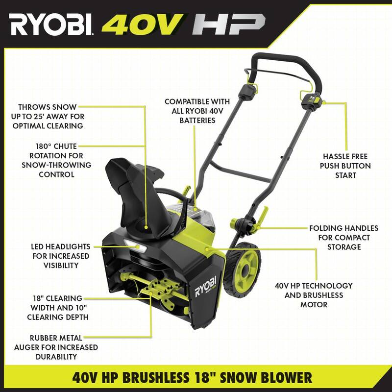 RYOBI 40V HP Brushless 18 in. Single-Stage Cordless Electric Snow Blower with 6.0 Ah Battery and Charger - RY40890
