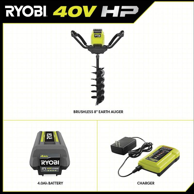 RYOBI 40V HP Brushless Cordless Earth Auger Powerhead with 8 in. Bit with 4.0 Ah Battery and Charger - RY40710
