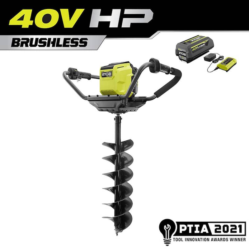 RYOBI 40V HP Brushless Cordless Earth Auger Powerhead with 8 in. Bit with 4.0 Ah Battery and Charger - RY40710