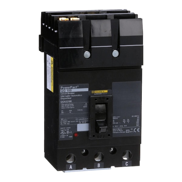 Square D Molded Case Circuit Breaker, QGA Series, 100A, 3 Pole, 240V AC, 65kA at 240V AC - QGA32100