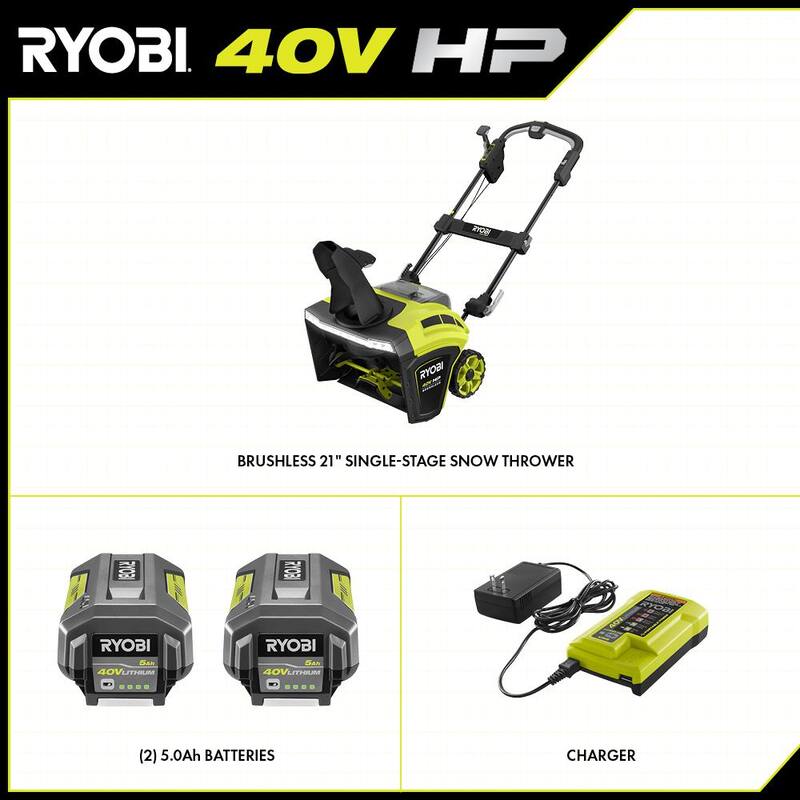 RYOBI 40V HP Brushless 21 in. Cordless Single Stage Snow Blower with (2) 5.0 Ah Batteries and Charger - RY40862