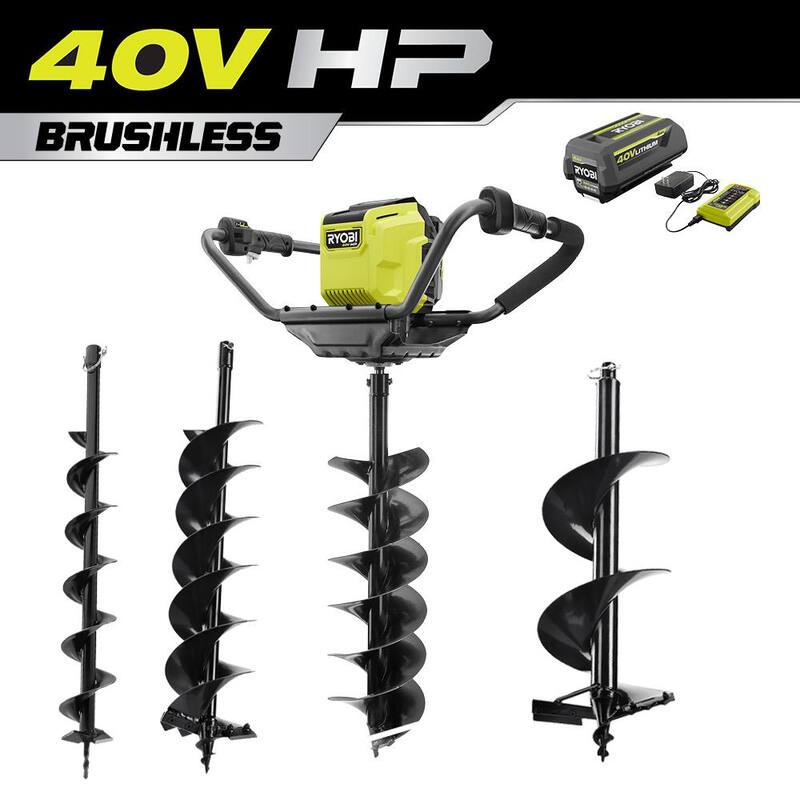 RYOBI 40V HP Brushless Cordless Earth Auger with 4,6, 8 and 10 in. Bits with 4.0 Ah Battery and Charger - RY40710-DRT