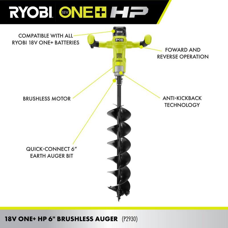 RYOBI ONE+ HP 18V Brushless Cordless Earth Auger with 6 in. Bit Included (Tool Only) - P2903BTL