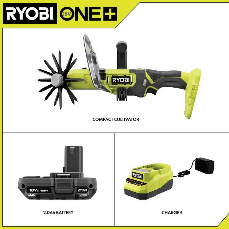 RYOBI ONE+ 18V Cordless Compact Battery Cultivator with 2.0 Ah Battery and Charger - P2990