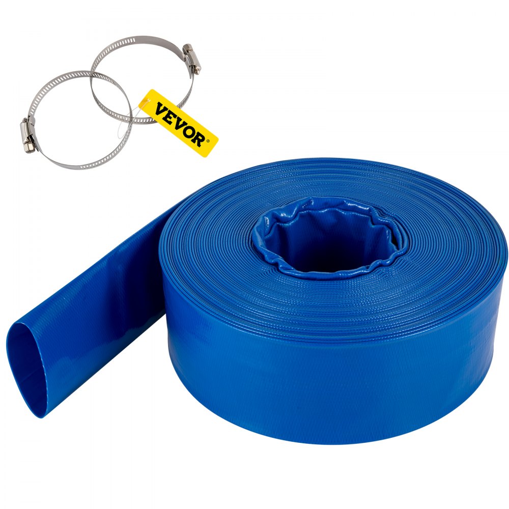 VEVOR Discharge Hose, 4" x 105', PVC Lay Flat Hose, Heavy Duty Backwash Drain Hose with Clamps, Weather-proof & Burst-proof, Ideal for Swimming Pool & Water Transfer, Blue - YCFC4X100PVC2V96ZV0