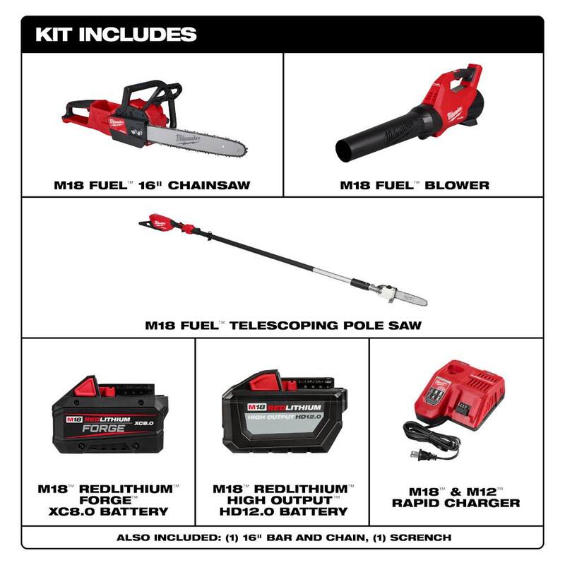 Milwaukee M18 FUEL 16 in. 18-Volt Brushless Cordless Electric Chainsaw w/Blower, Pole Saw, 12.0 & 8.0 Battery Combo Kit (2-Tool) - 2727-21HDB-3013-20-48-11-1881